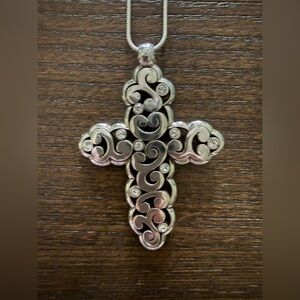 Brighton Large Silver Scroll Cross Long Necklace with Crystals